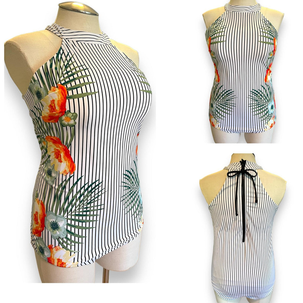 Lane Bryant Cacique 22 Tropical‎ Striped One Piece Wireless High Neck Swimsuit